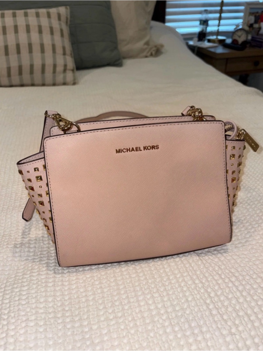 MICHAEL KORS Pale Pink Saffiano Leather Studded Mini Satchel
